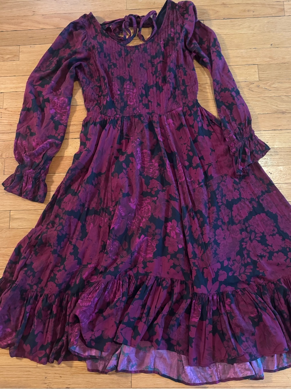 Anthropologie Let Me Be Sharlene Tiered Midi Dress US 6 Cranberry Floral Boho B9 - Picture 16 of 16